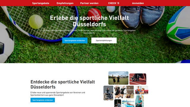 Die Startseite des Sportportals mit der Suchmaske.