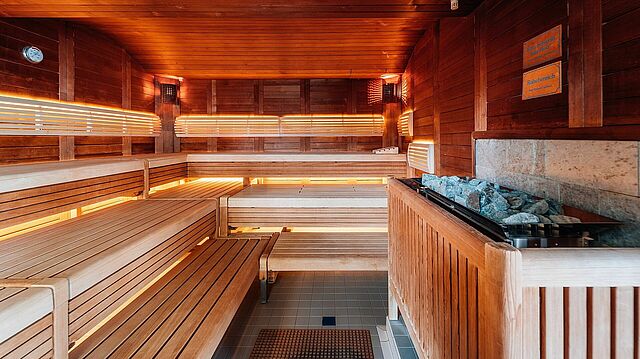 Innenansicht Sauna mit Bänken.