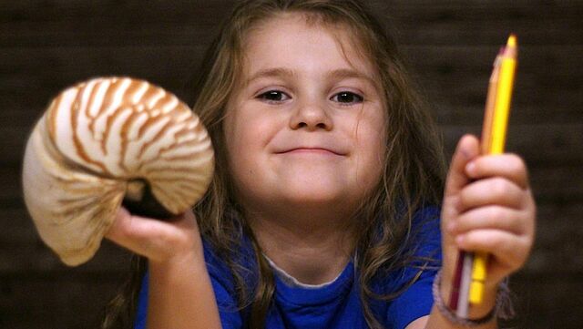 Ein Kind hält eine große Muschel und einen Stift in der Hand